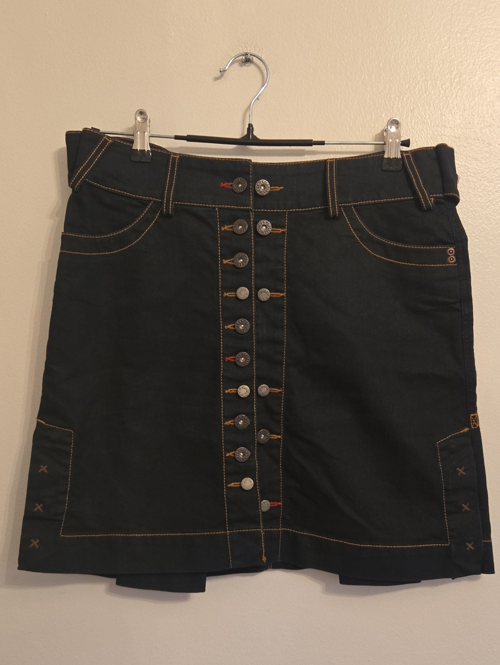Oilily Dark Blue Denim Mini Skirt With Metal Buttons, Pleats Snaps Size 38 EU